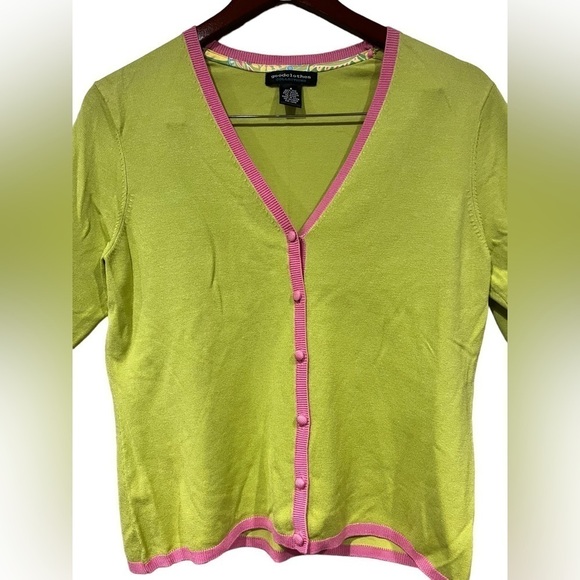 Good Clothes Cardigan 90s Y2K Vintage Silk Blend Green and Pink VNeck Small - Picture 3 of 7